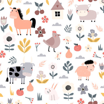Cartoon seamless pattern with farm animals