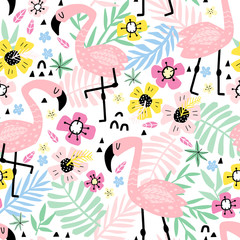 Beautiful flamingo with flowers background