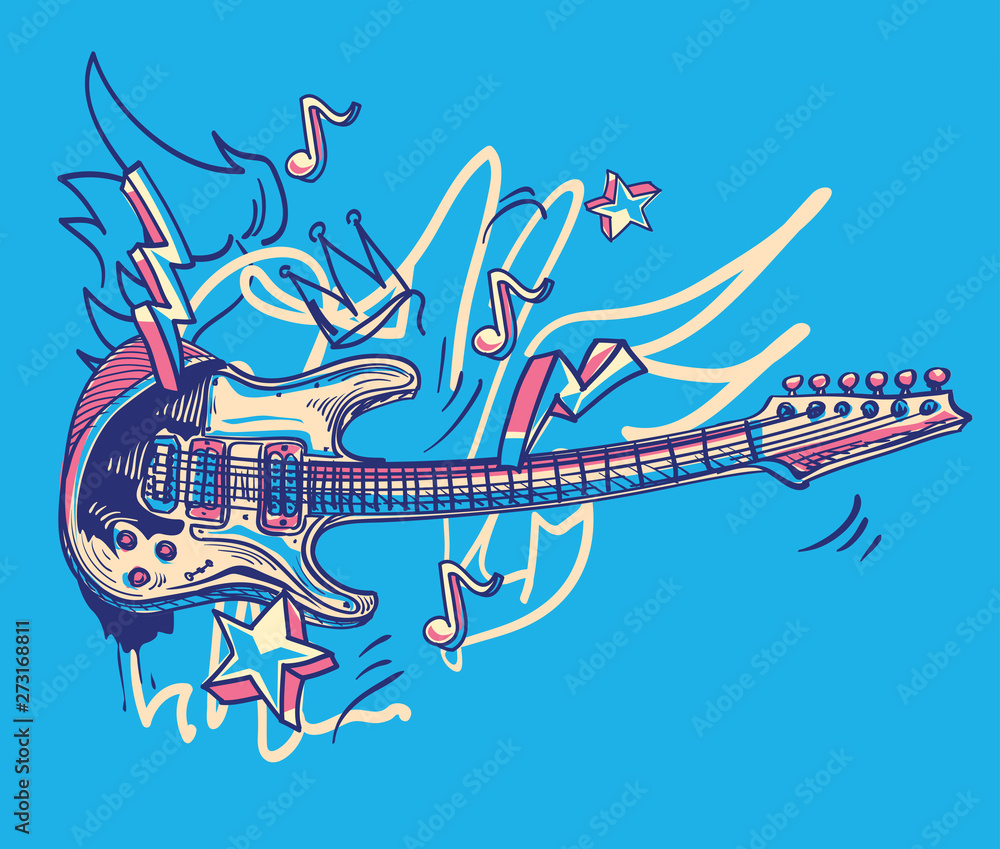 Wall mural drawn funky guitar music graffiti