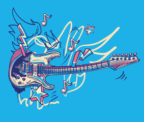 Drawn funky guitar music graffiti - obrazy, fototapety, plakaty