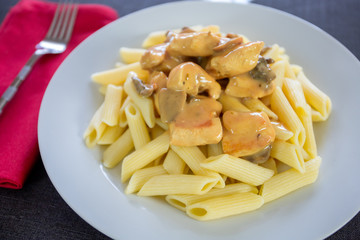 pâtes et poulet sauce champignons