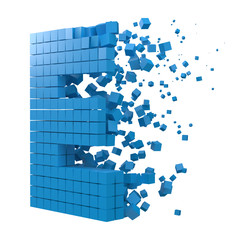 letter E shaped data block. version with blue cubes. 3d pixel style vector illustration.