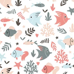 Tapeten Kindischer nahtloser Hintergrund mit Fisch © rosypatterns