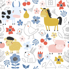 Doodle seamless background with farm animals