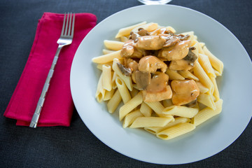pâtes et poulet sauce champignons