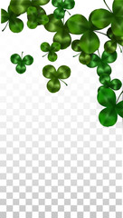 Vector Clover Leaf  Isolated on Transparent Background with Space for Text. St. Patrick's Day Illustration. Ireland's Lucky Shamrock Poster. Invintation for Concert in Pub. Top View. Success Symbols.