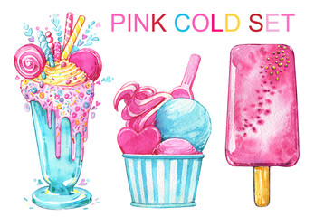 Ice cream cocktail popsicle pink summer delicious watercolor set