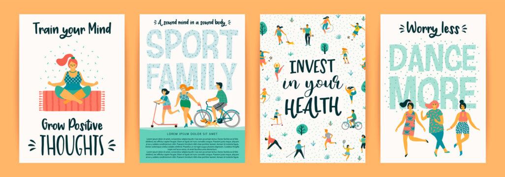 Vector templates with people leading an active healthy lifestyle.