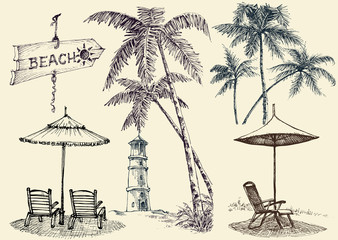 Summer set of design elements, sunbeds and beach umbrellas, palm trees and lighthouse
