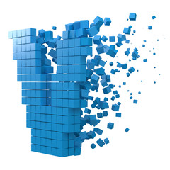 letter V shaped data block. version with blue cubes. 3d pixel style vector illustration.