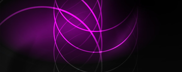 Dark abstract background with bright color neon lights and lines. Glowing background