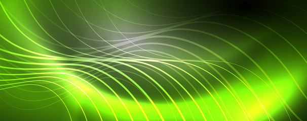 Shiny neon lights, dark abstract background with blurred magic neon light curved lines