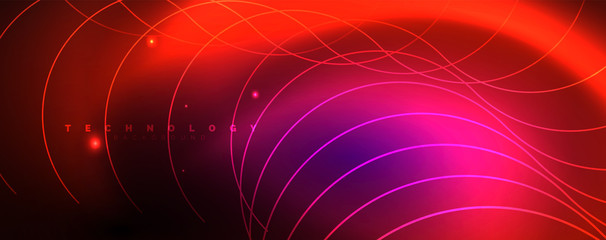 Shiny neon lights, dark abstract background with blurred magic neon light curved lines
