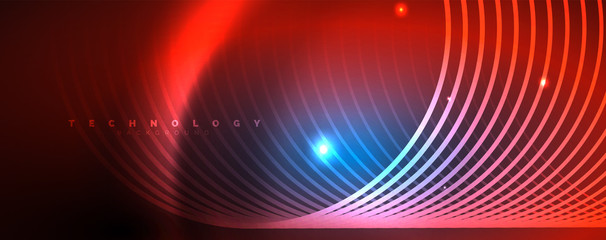 Trendy neon blue abstract design with waves and circles. Neon light glowing effect. Abstract digital background.