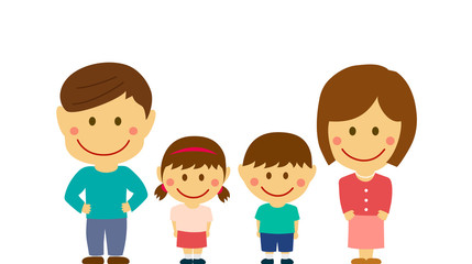 deformed cartoon family flat vector illustration standing in a row (asian family).