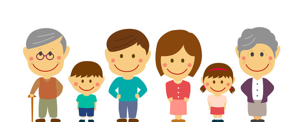 deformed cartoon big family flat vector illustration standing in a row (asian family).