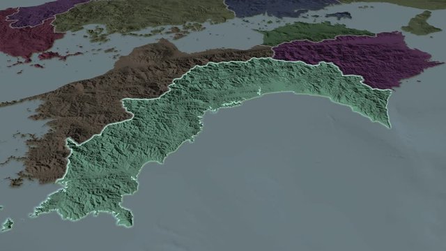 Kochi - prefecture of Japan zoomed on the administrative map of the globe. Animation 3D