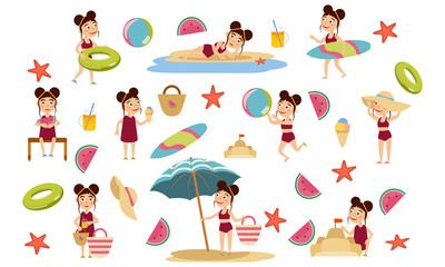 Set girl with a hairstyle of two big bunches on the beach. Summer holidays. Beach games, relax and surfing. Vector illustration