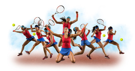Tennis collage. Female tennis player isolated