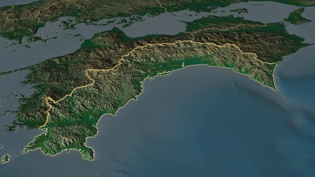 Kochi - prefecture of Japan zoomed on the physical map of the globe. Animation 3D