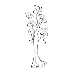 vase in the form of a slender female figure in a long dress with a bouquet of stylized flowers in black lines on a white background