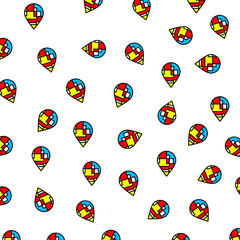 abstract pin pattern navigation symbol. colorful polygonal shape pattern logo dash line, digital map pointer concept, illustration blue, red and yellow isolated on white background