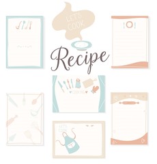 Retro recipe card template set for cookbook. Menu creator vector illustration. Kitchen food template
