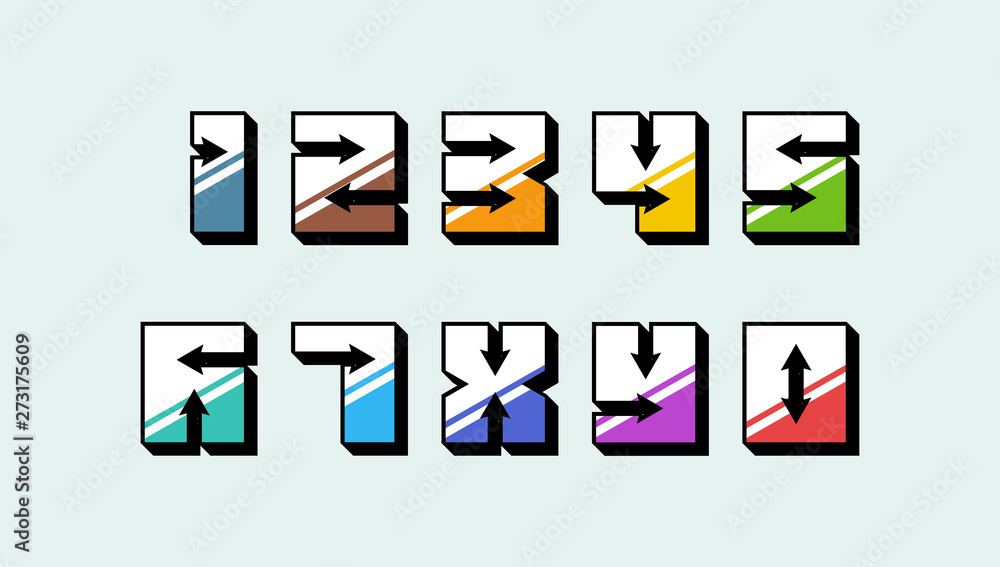 Poster numbers colourful 3d retro vintage style set with arrows trendy typography consisiting of 1 2 3 4 5 