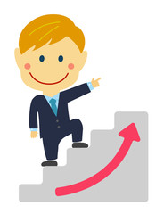 deformed cartoon businessman illustration of going up the stairs aiming at success and career up ( caucasian worker)