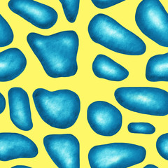 Smooth pebble blue stones on yellow background. Abstract seamless pattern.