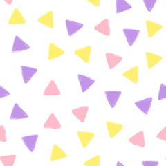 Hand Draw Triangle Pattern Kids purple, Pink, Yellow. Vector Endless Background pencil Texture of Triangle in pastel colors. The template for the packaging, baby textile, website background