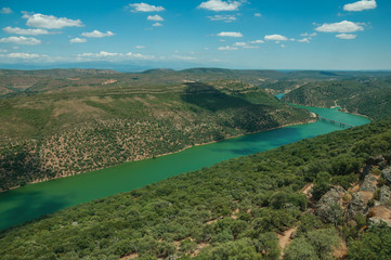 Tagus River and bridge in a valley with hills covered by trees