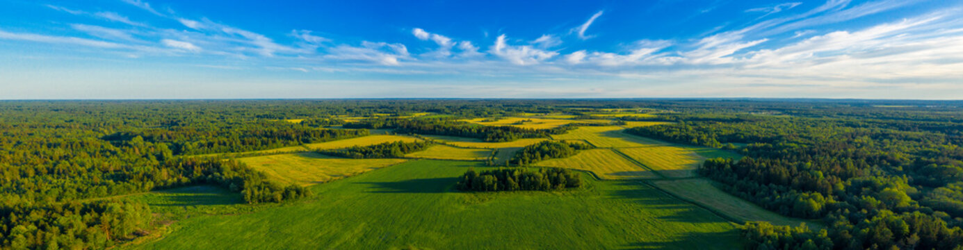Top aerial panoramic view of green fields and meadows in summer. Abstract landscape with lines of fields, grass, trees, sunny sky and lush foliage. Landscape with drone.