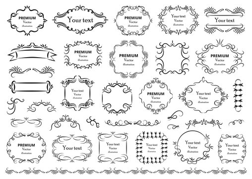 Calligraphic design elements . Decorative swirls or scrolls, vintage frames , flourishes, labels and dividers. Retro vector illustration.