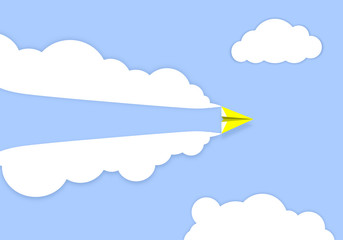 Yellow paper plane flying through white cloud on blue background. Travel or business concept.
