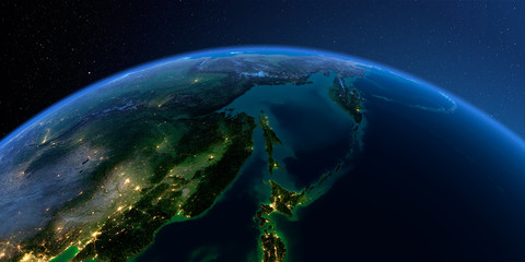 Detailed Earth. Russian Far East, the Sea of Okhotsk on a moonlit night