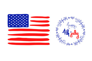 4th of July banner Happy holiday USA Independence Day greeting card vector floral round frame. Patriotic hand lettering text design with american national flag illustration in blue, red 