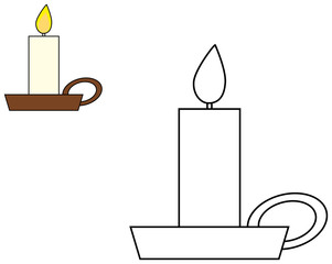 Candle in candlestick clipart. Coloring book for children. Vector illustration.