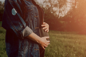 A pregnant woman is holding her belly. The concept of pregnancy, expect a child. The joy of being a future mother, problems during pregnancy.