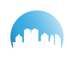 city skyline in blue circle background