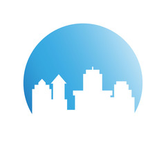 city skyline in blue circle background