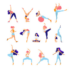 Woman activities. Set of women doing sports, yoga, dancing, running, jogging, jumping, fitness. Sport women vector flat illustration isolated on white background in different poses - Vector