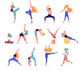 Woman activities. Set of women doing sports, yoga, dancing, running, jogging, jumping, fitness. Sport women vector flat illustration isolated on white background in different poses - Vector