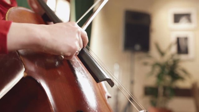 Cello player. Cellist hands playing cello with bow. Strings