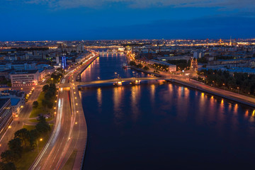 Aerial Panorama of Saint Petersburg. View of St. Petersburg from the heights-Great Nevka river, Grenadier bridge, Sampsonievsky Bridge,Petrogradskaya Embankment, Vyborg Embankment. Russia.