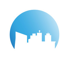 city skyline in blue circle background