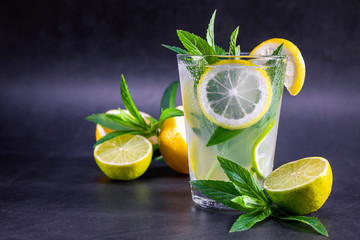 Cold refreshing summer lemonade with mint in a glass