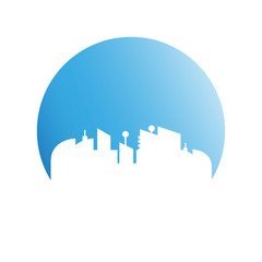 city skyline in blue circle background