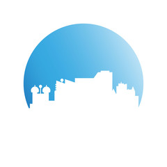 city skyline in blue circle background