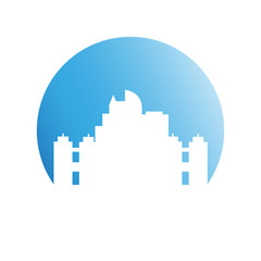 city skyline in blue circle background
